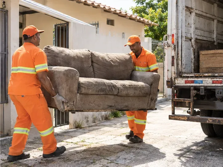 Dois trabalhadores carregam um sofá usado em direção à traseira de um caminhão