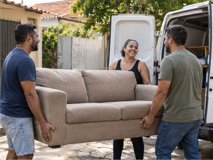 Duas pessoas seguram um sofá limpo diante de uma van enquanto uma terceira pessoa conversa com elas