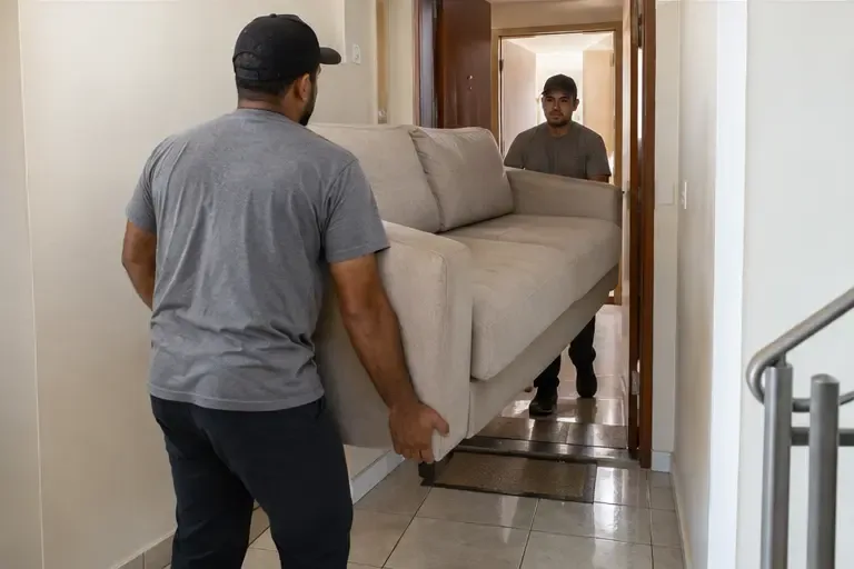 Dois transportadores carregam cuidadosamente um sofá por um corredor estreito até a porta
