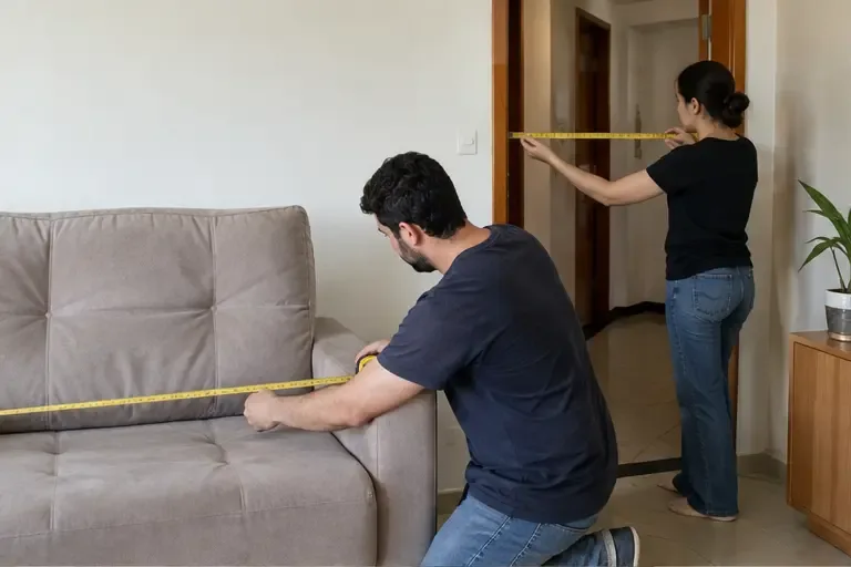 Pessoa mede o sofá e a largura da porta de um apartamento com uma trena