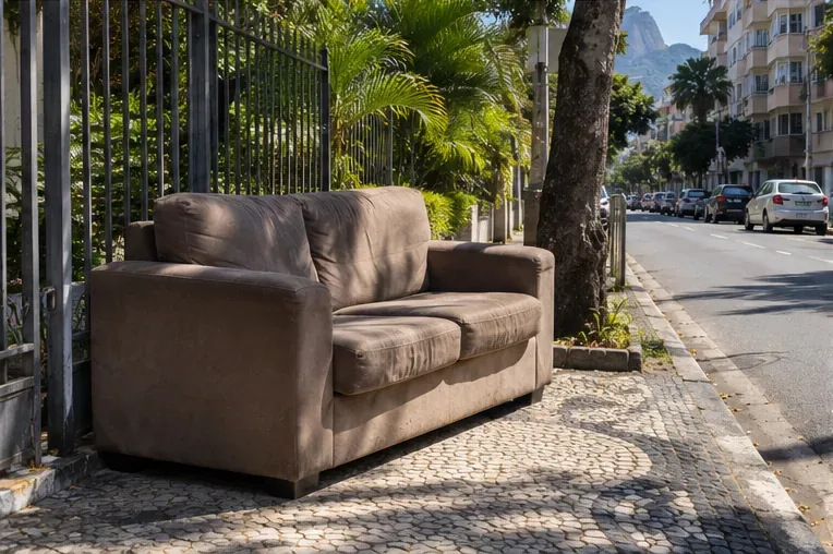 Sofá colocado junto ao portão de um imóvel em uma rua urbana, ilustrando a diferença entre área interna e calçada