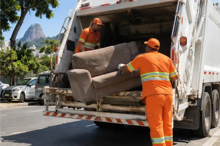Trabalhadores de limpeza urbana carregando um sofá usado para um caminhão de coleta
