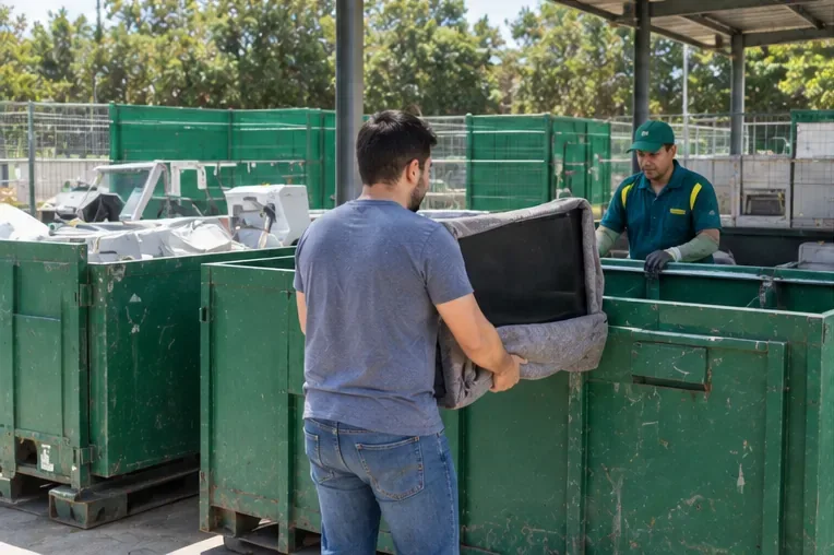 Pessoa entregando uma televisão protegida em uma área de recebimento de resíduos eletroeletrônicos