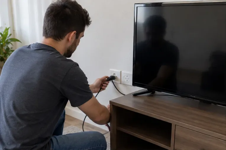 Pessoa desconectando uma televisão de tela plana da tomada antes do transporte