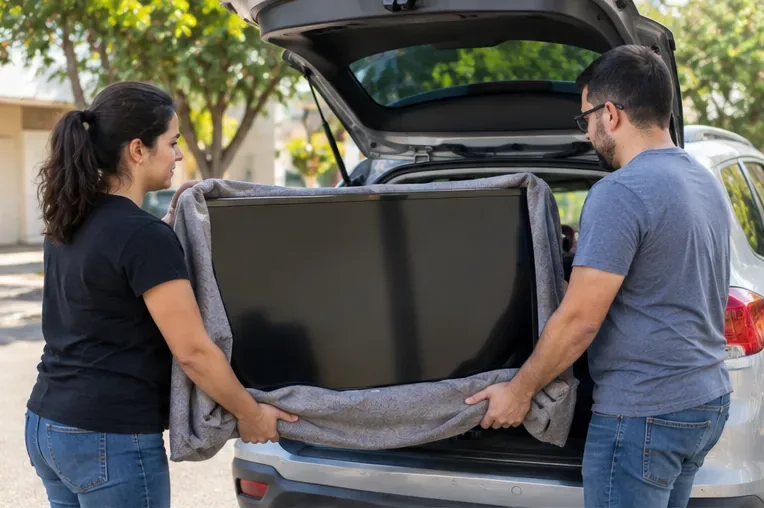 Duas pessoas carregando uma televisão protegida por uma manta para o porta-malas de um carro