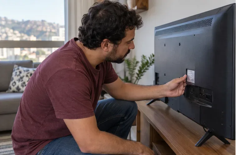 Morador de Belo Horizonte conferindo a etiqueta de uma televisão desligada em uma sala de apartamento