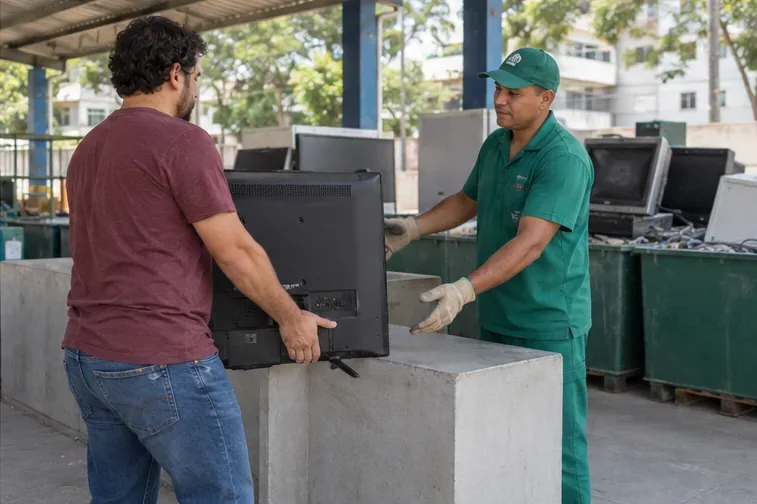 Morador entregando uma televisão antiga intacta a um trabalhador em um ponto de recebimento de eletrônicos