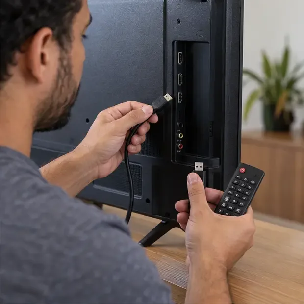 Pessoa retirando um cabo HDMI e um dispositivo USB de uma televisão desligada, com o controle remoto na mão