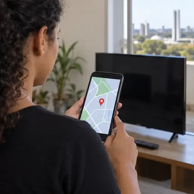 Moradora consultando no celular um mapa de ponto de entrega enquanto a televisão fica ao fundo