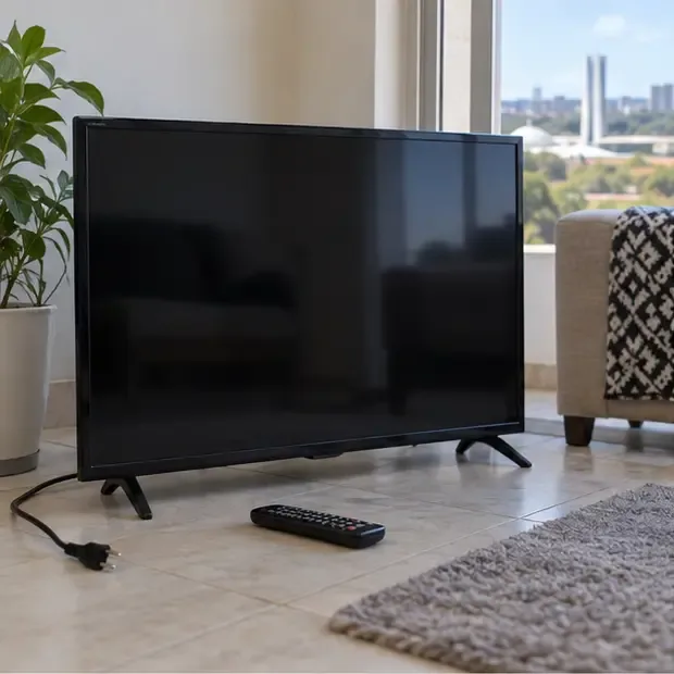 Televisão de tela plana desligada e desconectada no chão de uma sala, com o controle remoto ao lado