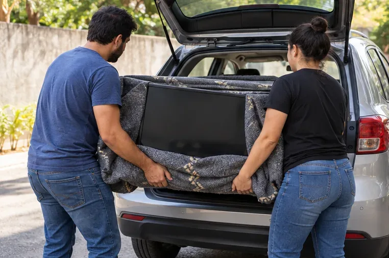 Duas pessoas carregando uma televisão protegida por uma manta para o porta-malas de um carro