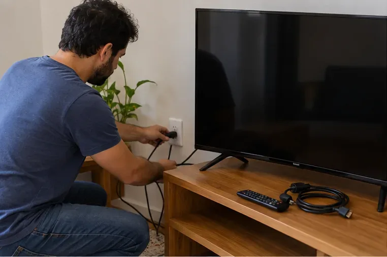 Morador desligando uma televisão da tomada e separando cabo e controle remoto antes do descarte