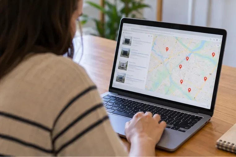 Pessoa consultando no notebook um mapa com vários pontos de entrega antes de transportar uma televisão