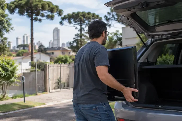 Pessoa carregando uma televisão desligada com as duas mãos até o porta-malas de um carro
