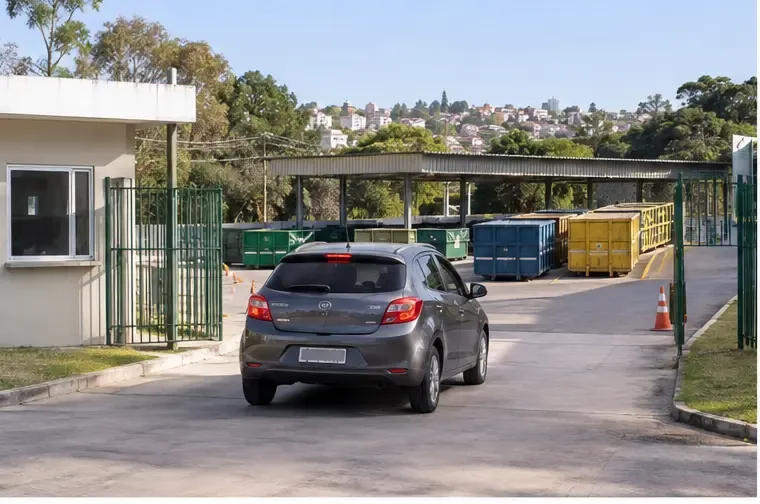 Carro entrando lentamente em um Ecoponto municipal com contêineres separados e área de circulação