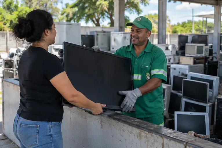 Mulher entregando uma televisão a um funcionário em uma área de recebimento de resíduos eletrônicos