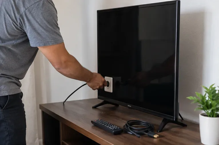 Pessoa desligando uma televisão da tomada, com controle remoto e cabo separados sobre o móvel