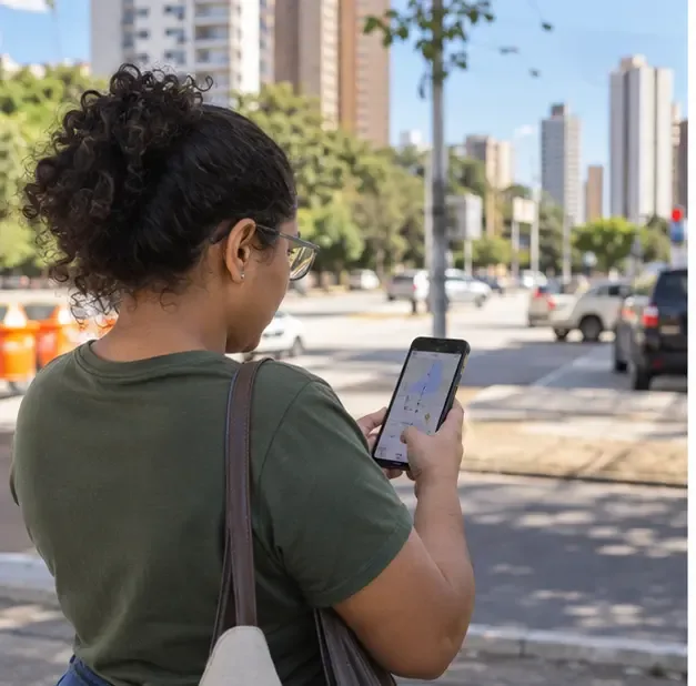 Moradora de Goiânia consultando o celular para localizar um ponto de recebimento de eletrônicos em uma avenida da cidade