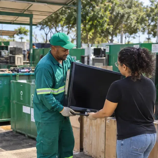 Funcionário de um Ecoponto recebendo uma televisão de tela plana de uma moradora para encaminhamento à reciclagem