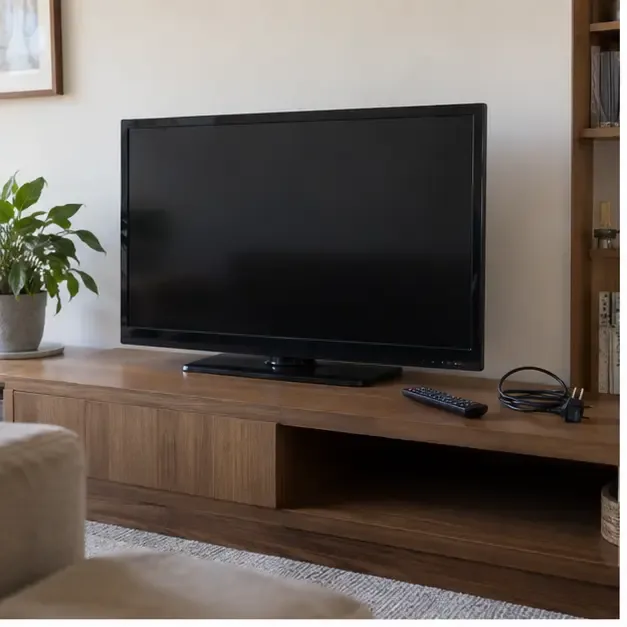 Televisão de tela plana desligada e desconectada em uma sala, com cabo de energia e controle remoto separados