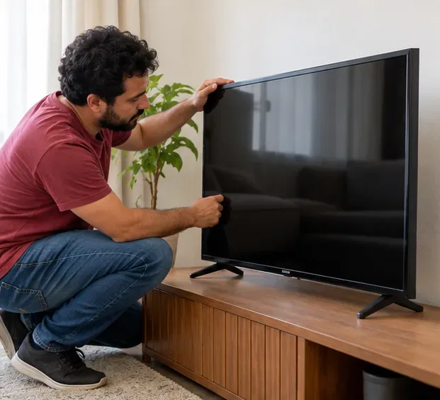 Morador examina a tela e a estrutura de uma televisão ainda inteira em casa
