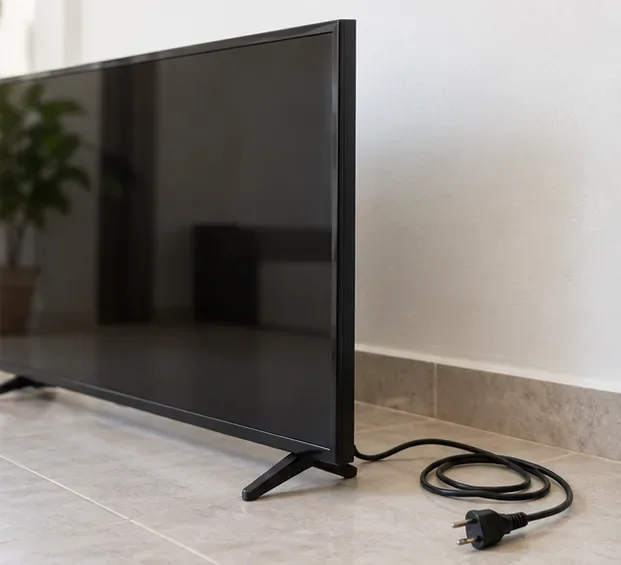 Televisão desligada e cabo de energia desconectado ao lado do aparelho