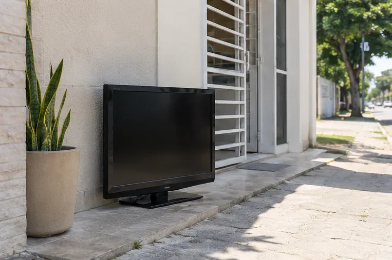 Televisão de tela plana colocada em área externa junto à entrada de uma residência, pronta para recolhimento