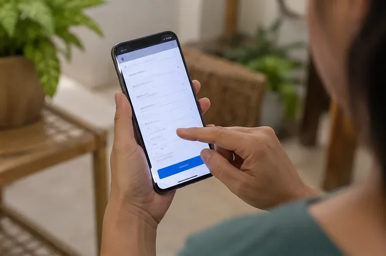 Pessoa usando um smartphone para preencher uma solicitação de coleta de objeto volumoso