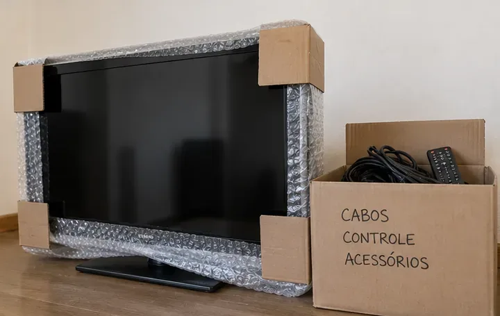 Televisão com proteção nas bordas e cantoneiras de papelão ao lado de uma caixa identificada com cabos, controle e acessórios.