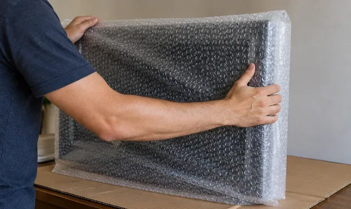 Pessoa envolvendo uma televisão mantida na vertical com plástico-bolha, apoiada sobre papelão.