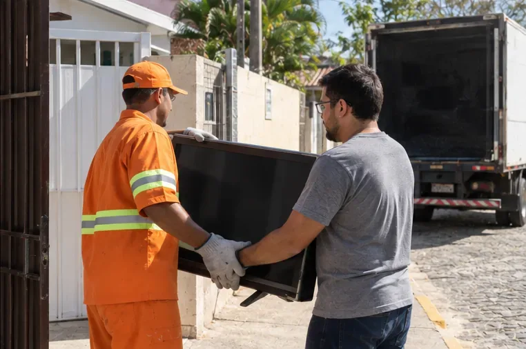 Morador entregando uma televisão a um trabalhador de coleta diante de uma residência