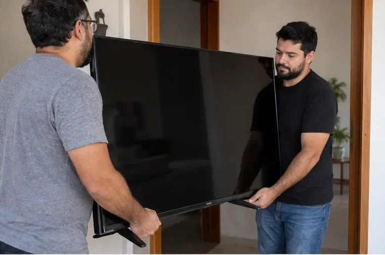 Duas pessoas carregando uma televisão de tela plana com cuidado dentro de uma residência