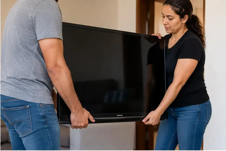 Duas pessoas carregando juntas uma televisão de tela plana dentro de uma residência