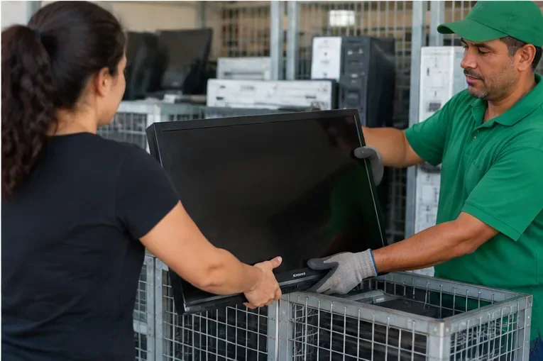 Mulher entregando uma televisão de tela plana a um trabalhador em área de recebimento de equipamentos eletrônicos
