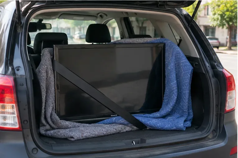 Televisão de tela plana protegida por cobertores e presa com cinta no porta-malas de um carro
