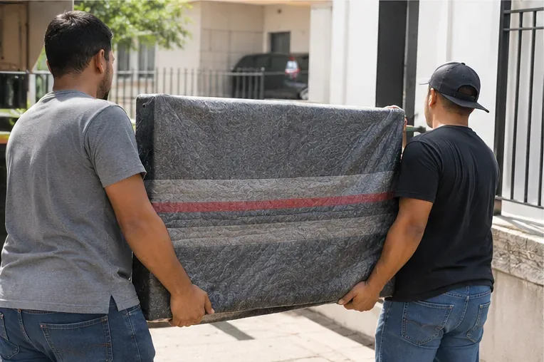 Duas pessoas carregando uma televisão grande protegida por uma manta durante o transporte