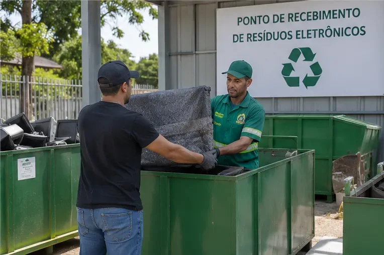 Pessoa entregando uma televisão protegida a um funcionário em um ponto de recebimento de resíduos eletrônicos