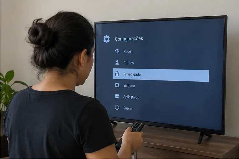 Pessoa usando o controle remoto diante de uma tela de configurações de privacidade de uma Smart TV