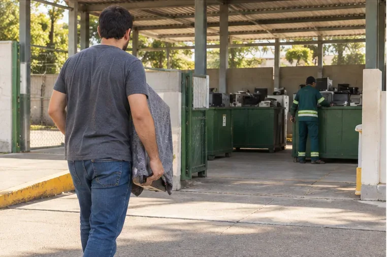 Pessoa chegando com uma televisão protegida a uma área coberta de recebimento de equipamentos usados