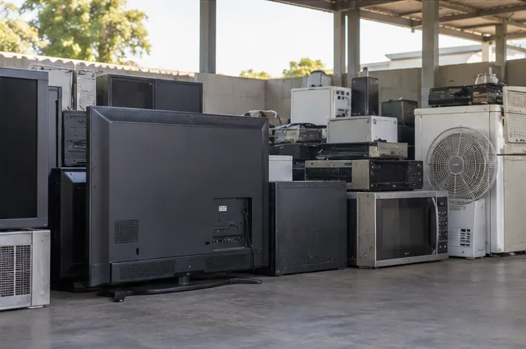 Conjunto de televisões, monitores e outros eletroeletrônicos separados em uma área coberta de triagem