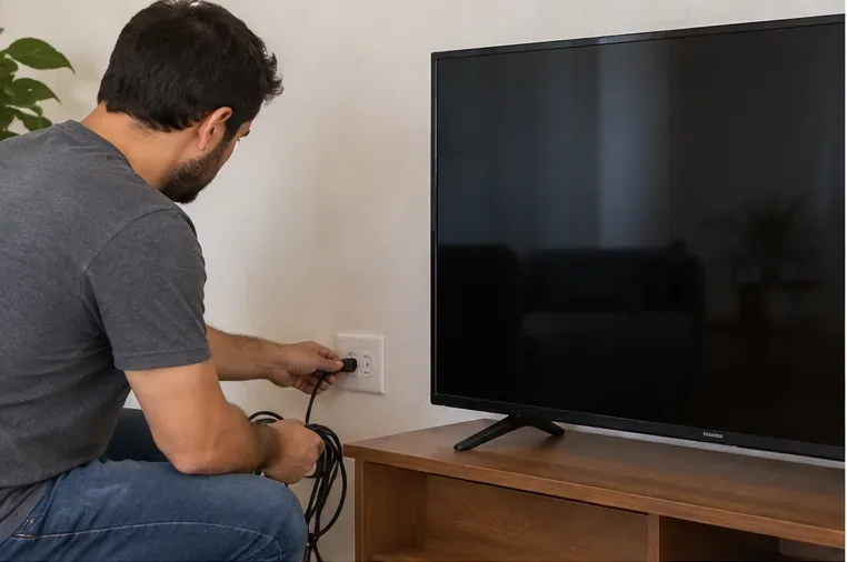 Pessoa desligando e retirando o cabo de energia de uma televisão de tela plana antes do descarte