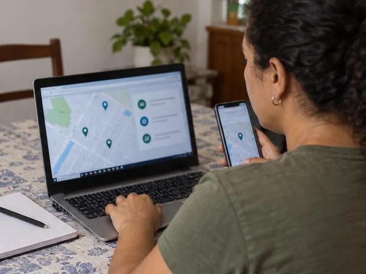 Pessoa consulta opções de recebimento em um computador enquanto confirma informações pelo telefone