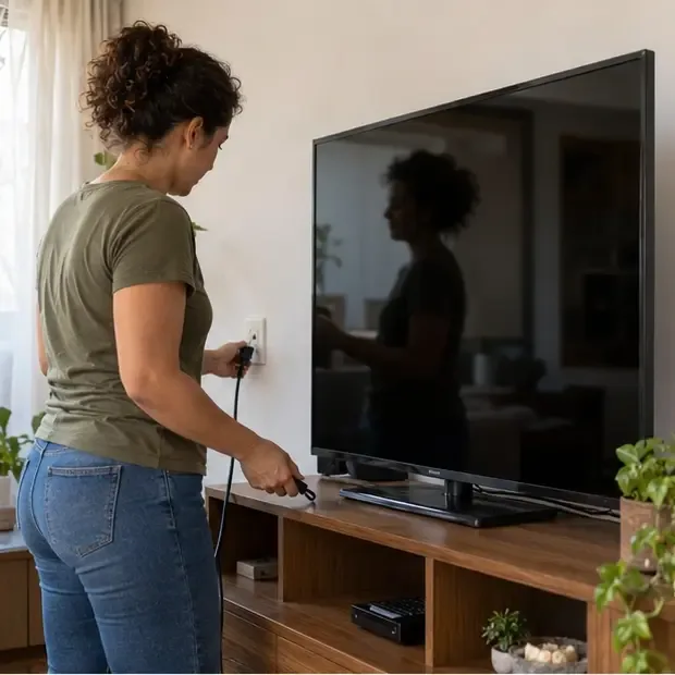 Pessoa desligando uma televisão da tomada em uma sala antes do descarte