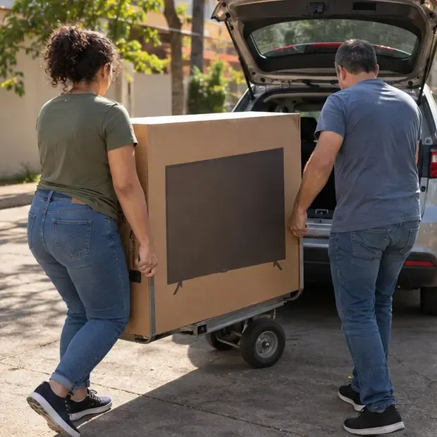Duas pessoas transportando uma televisão protegida em um carrinho até um veículo