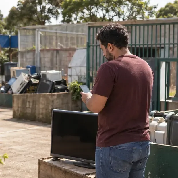 Pessoa consulta o celular ao lado de uma televisão em uma área genérica de entrega de eletrônicos