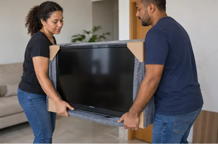 Duas pessoas carregando uma televisão protegida por manta e cantoneiras de papelão