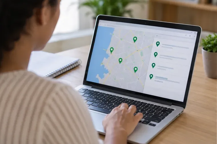Pessoa consultando em um notebook um mapa com pontos de recebimento de eletrônicos