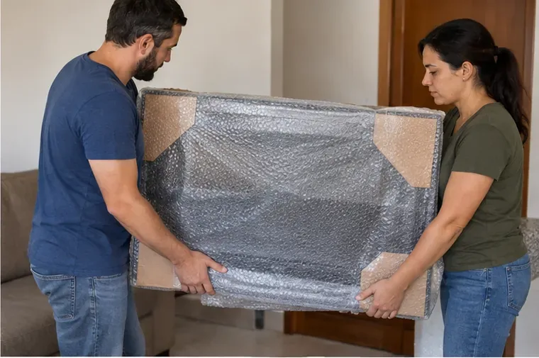Duas pessoas carregando uma televisão protegida com plástico-bolha e cantoneiras de papelão