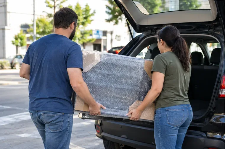 Duas pessoas colocando uma televisão protegida no porta-malas de um carro para levá-la a um ponto de recebimento