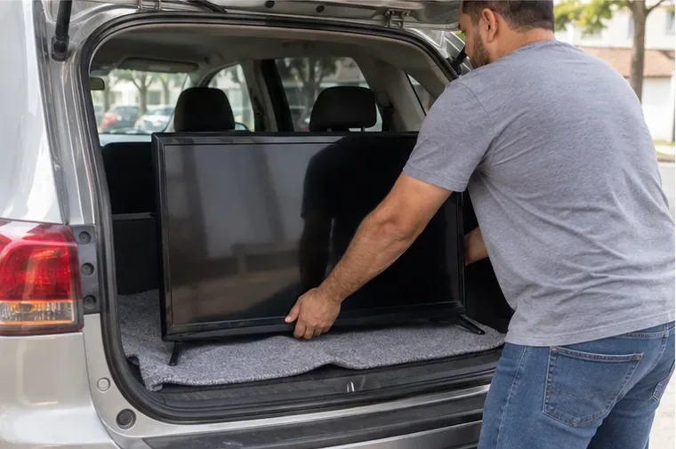 Televisão acomodada no porta-malas de um carro sobre uma manta de proteção